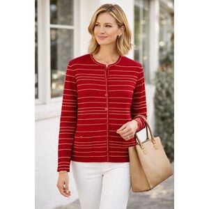 Vtg St John Collection Red Striped Gold Button Front Cardigan Sweater Womens M